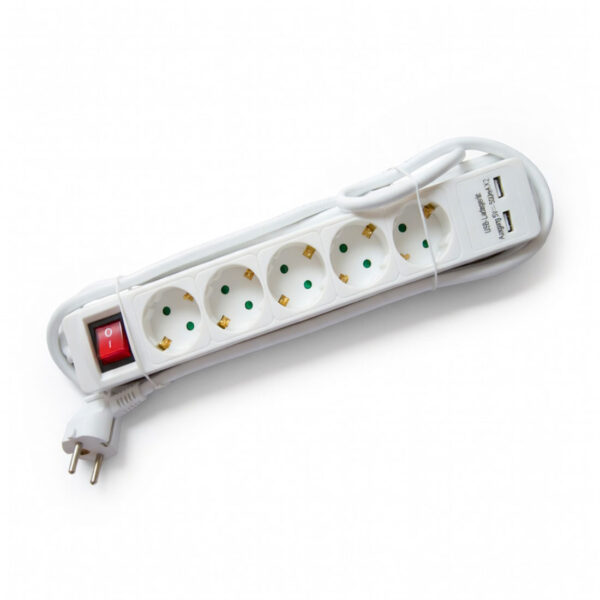 Produžna priključnica 5 utičnica + 2 USB, 1,5 m kabela + prekidač